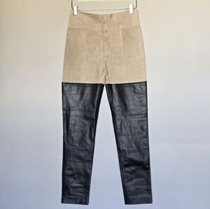 St. John Leather Suede Mixed-Media Colorblock Straight Leg High Rise Pants 4